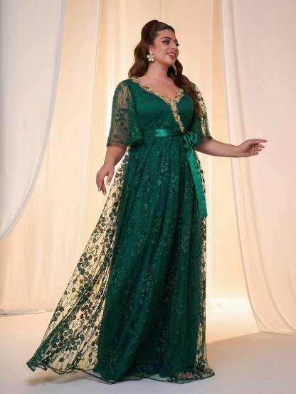 Leely Plus Women's Elegant V Neck Flounce Sleeve Chiffon Evening Gown