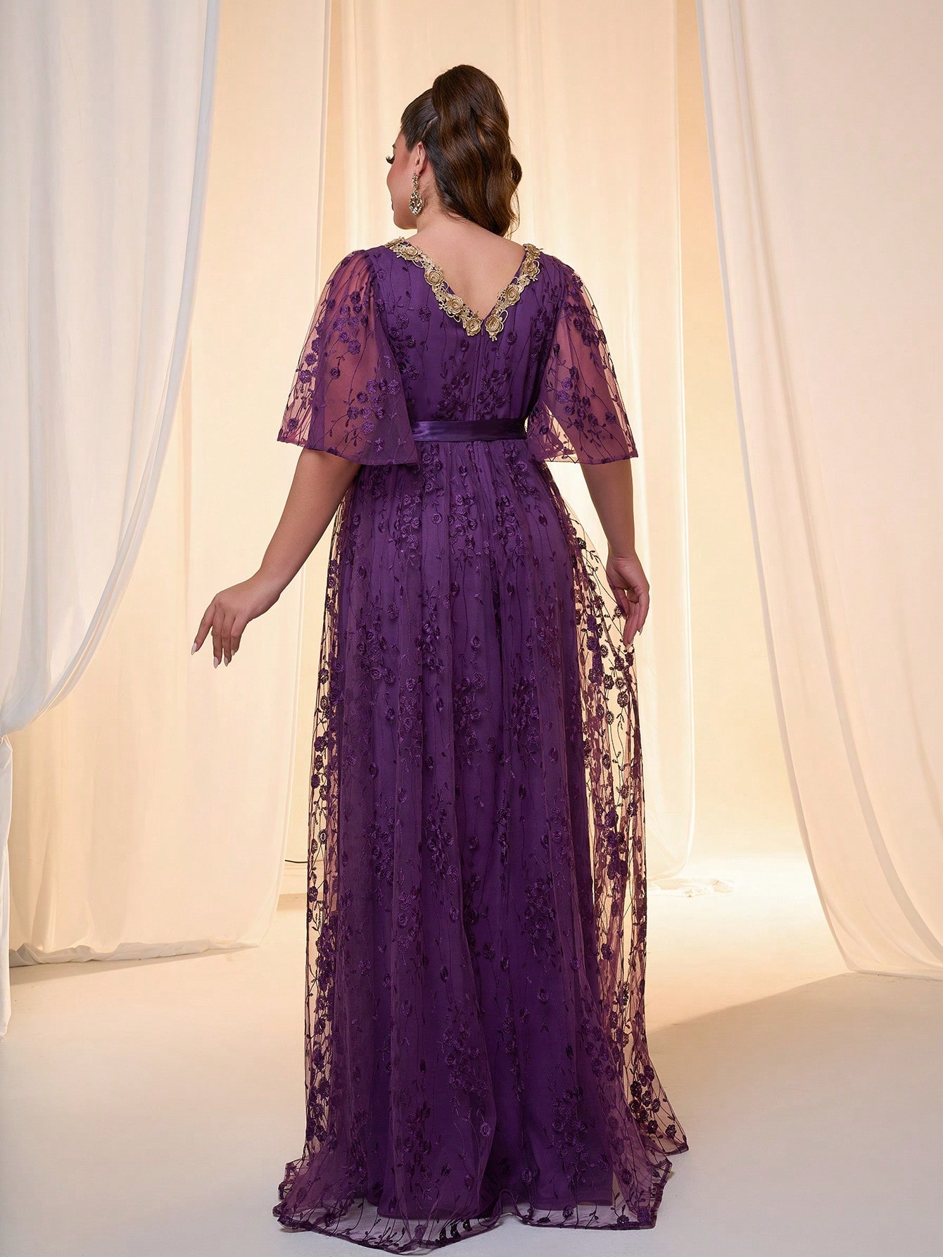 Leely Plus Women's Elegant V Neck Flounce Sleeve Chiffon Evening Gown