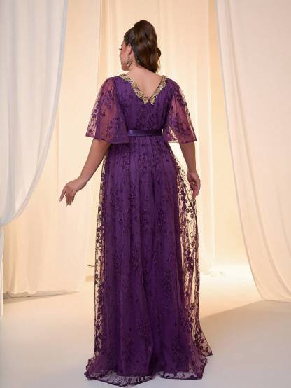 Leely Plus Women's Elegant V Neck Flounce Sleeve Chiffon Evening Gown