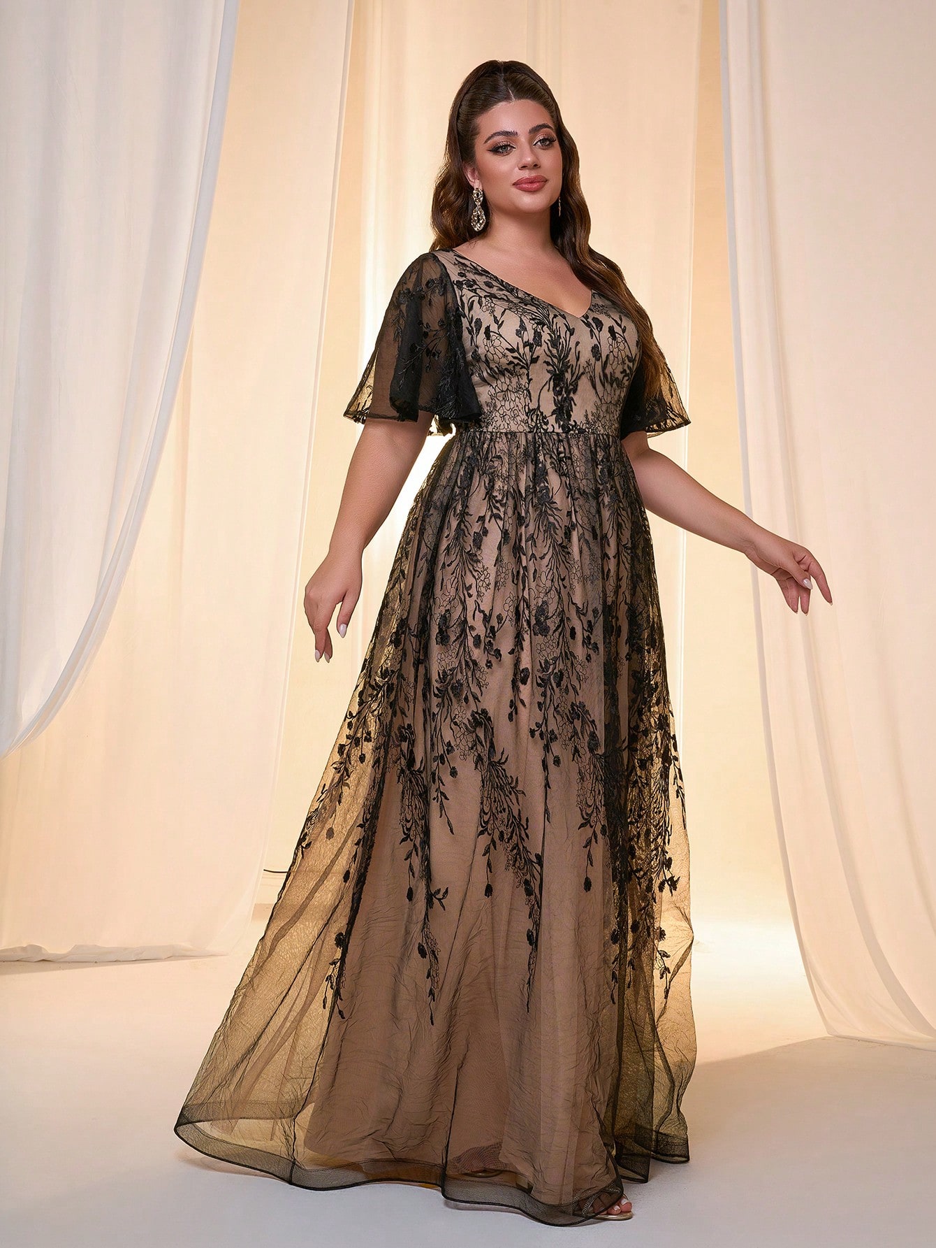 Leely Plus Women's Elegant V Neck Flounce Sleeve Evening Gown