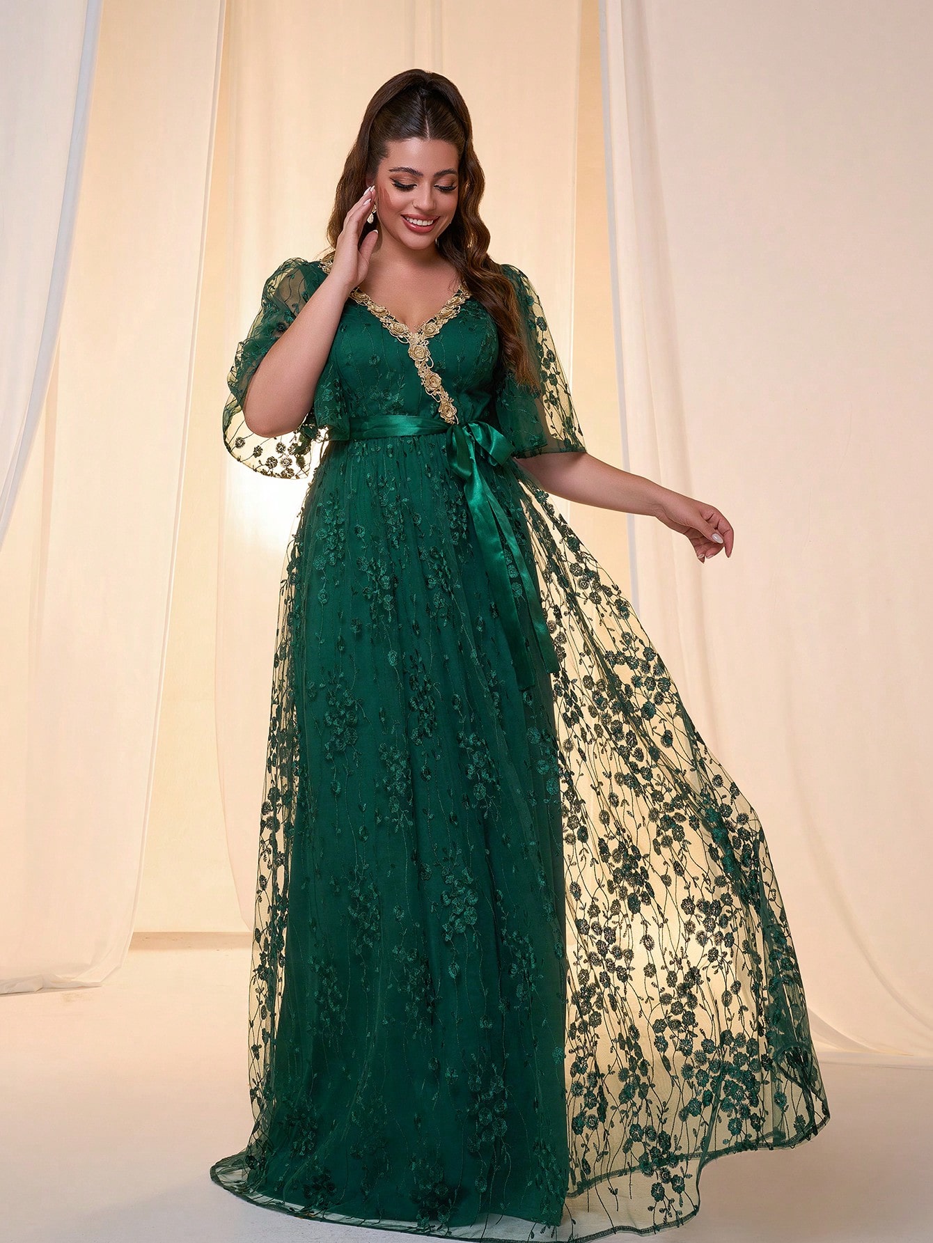 Leely Plus Women's Elegant V Neck Flounce Sleeve Chiffon Evening Gown