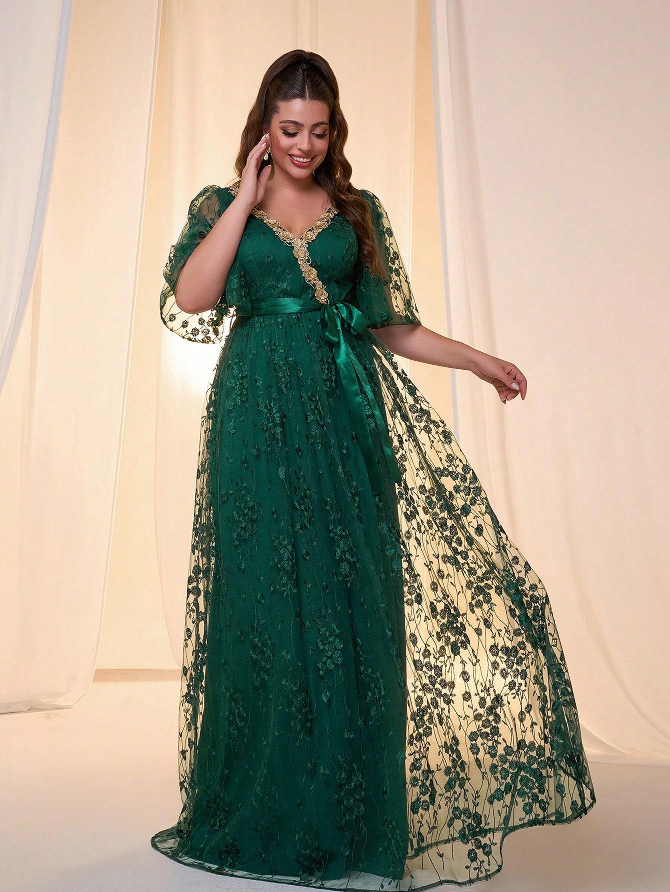 Leely Plus Women's Elegant V Neck Flounce Sleeve Chiffon Evening Gown