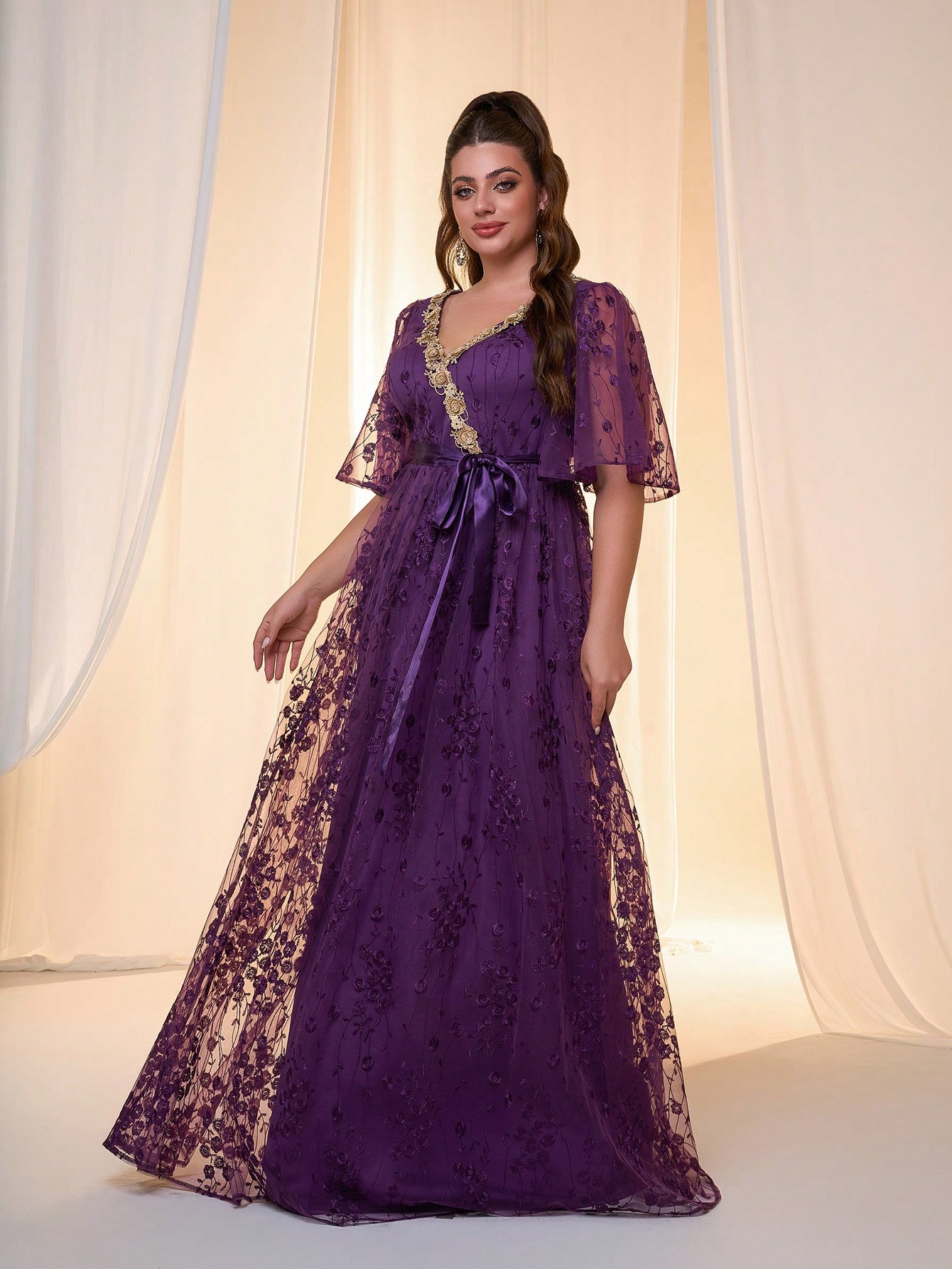Leely Plus Women's Elegant V Neck Flounce Sleeve Chiffon Evening Gown
