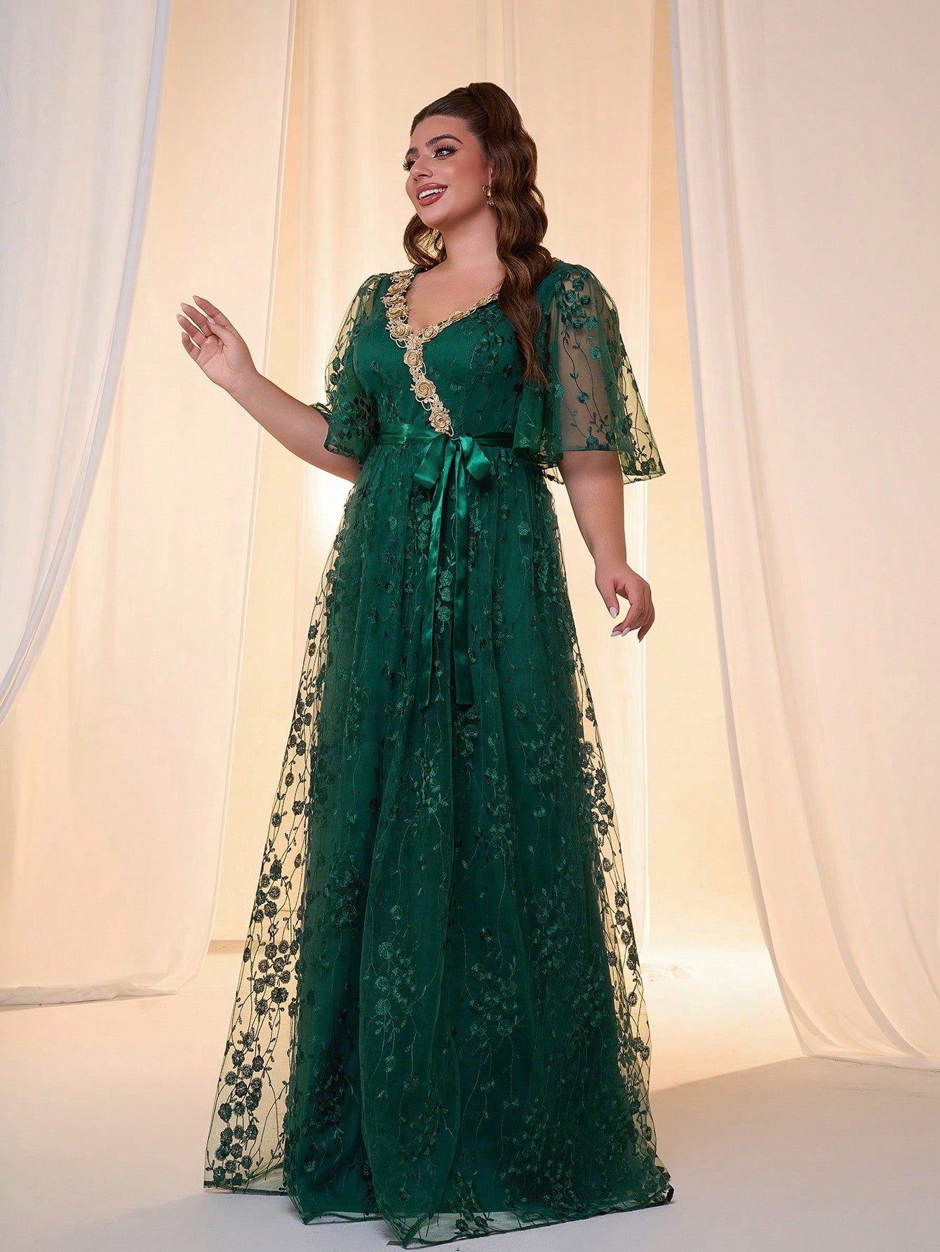 Leely Plus Women's Elegant V Neck Flounce Sleeve Chiffon Evening Gown