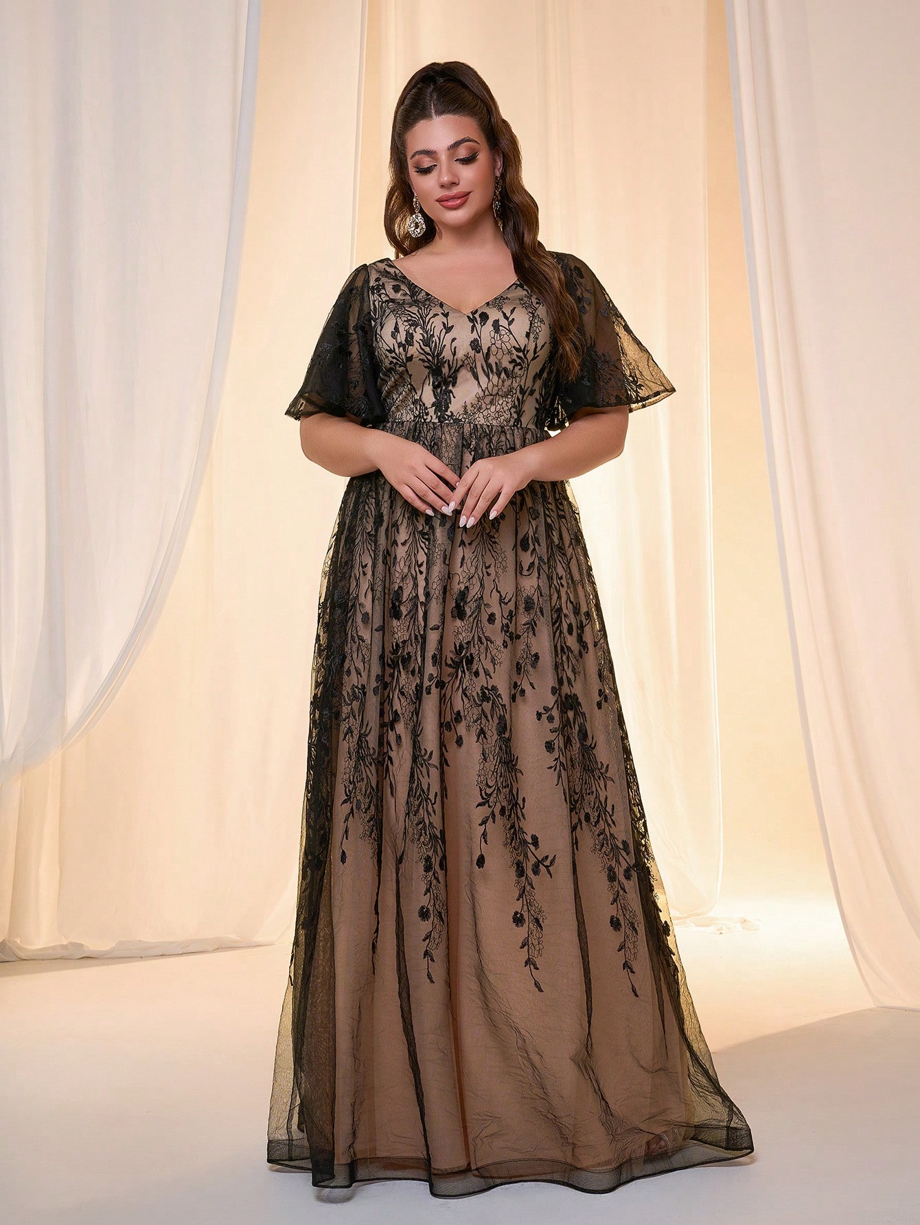 Leely Plus Women's Elegant V Neck Flounce Sleeve Evening Gown