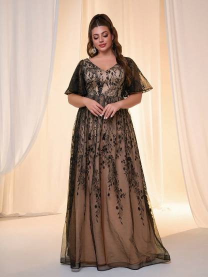 Leely Plus Women's Elegant V Neck Flounce Sleeve Evening Gown