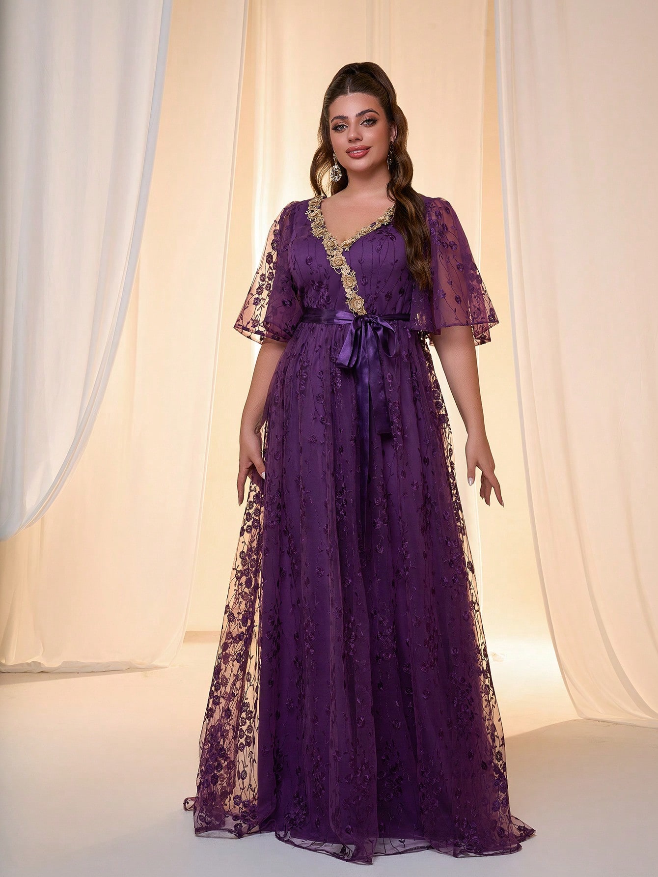Leely Plus Women's Elegant V Neck Flounce Sleeve Chiffon Evening Gown