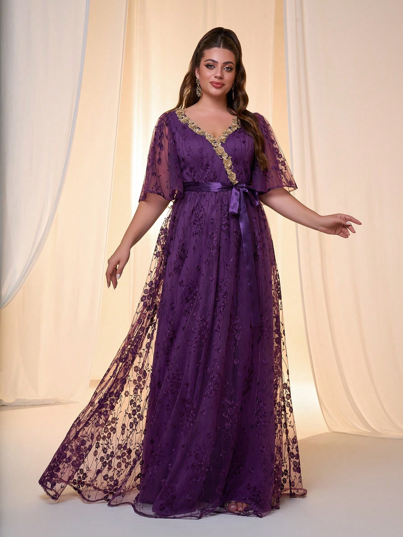 Leely Plus Women's Elegant V Neck Flounce Sleeve Chiffon Evening Gown