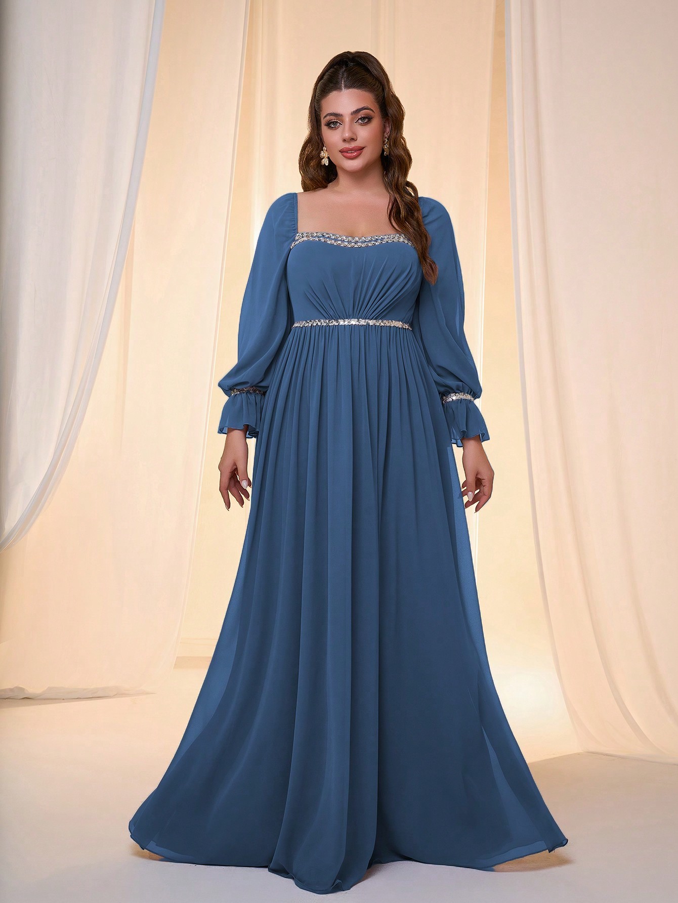 Leely Plus Women's Elegant Long Sleeve Chiffon Evening Gown