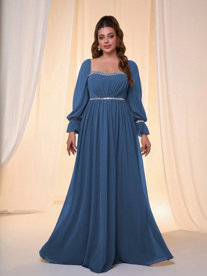 Leely Plus Women's Elegant Long Sleeve Chiffon Evening Gown