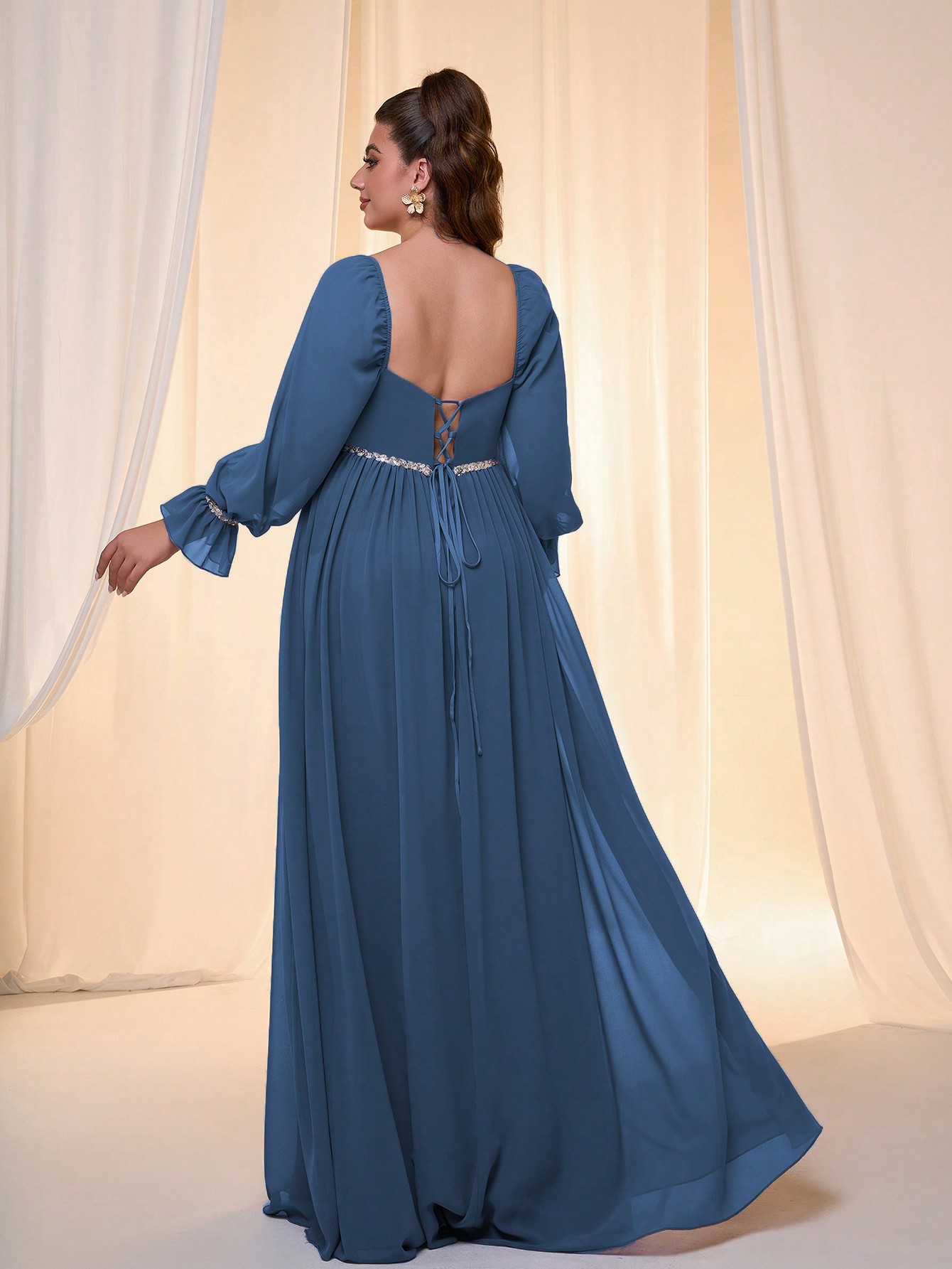 Leely Plus Women's Elegant Long Sleeve Chiffon Evening Gown