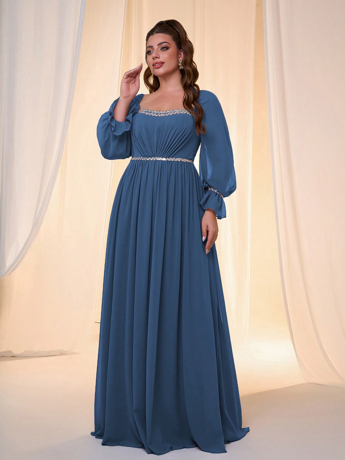Leely Plus Women's Elegant Long Sleeve Chiffon Evening Gown