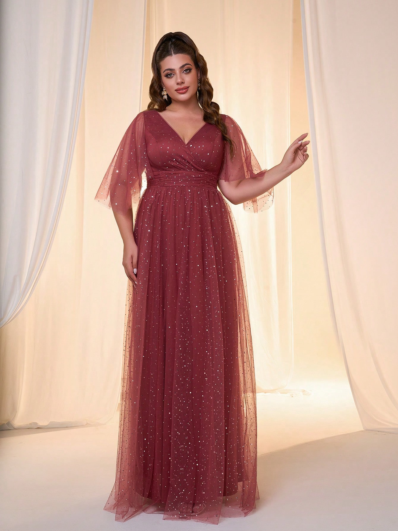 Leely Plus Women's Elegant V Neck Flounce Sleeve Party Dress