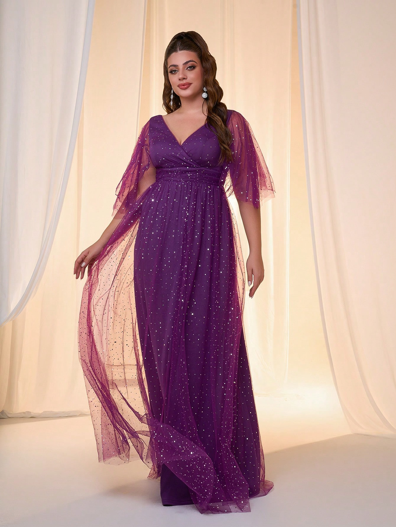 Leely Plus Women's Elegant V Neck Flounce Sleeve Party Dress
