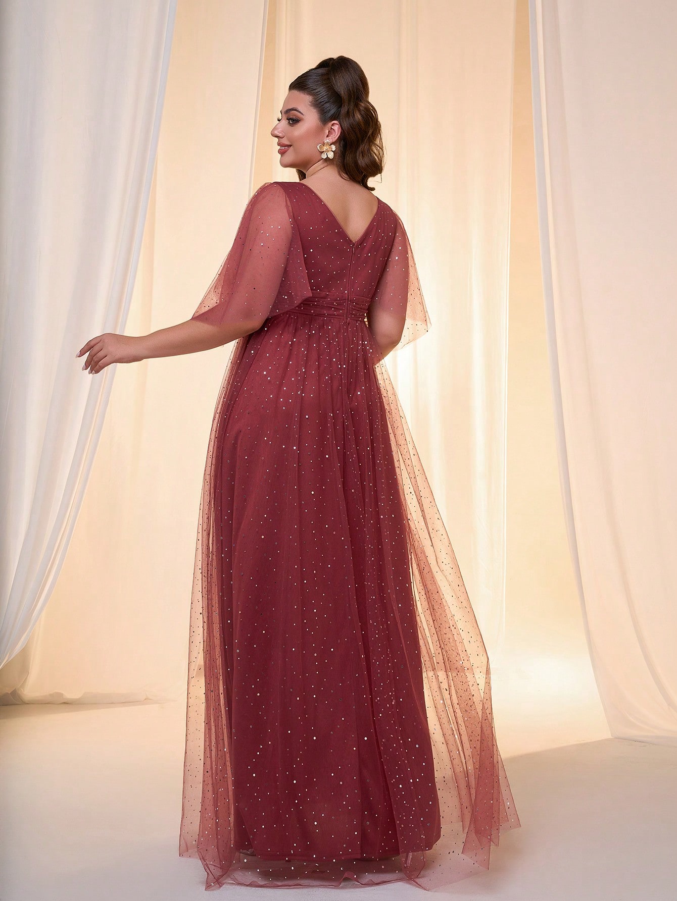 Leely Plus Women's Elegant V Neck Flounce Sleeve Party Dress