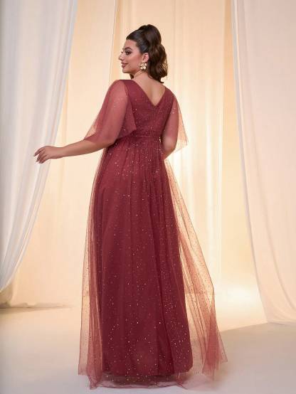 Leely Plus Women's Elegant V Neck Flounce Sleeve Party Dress