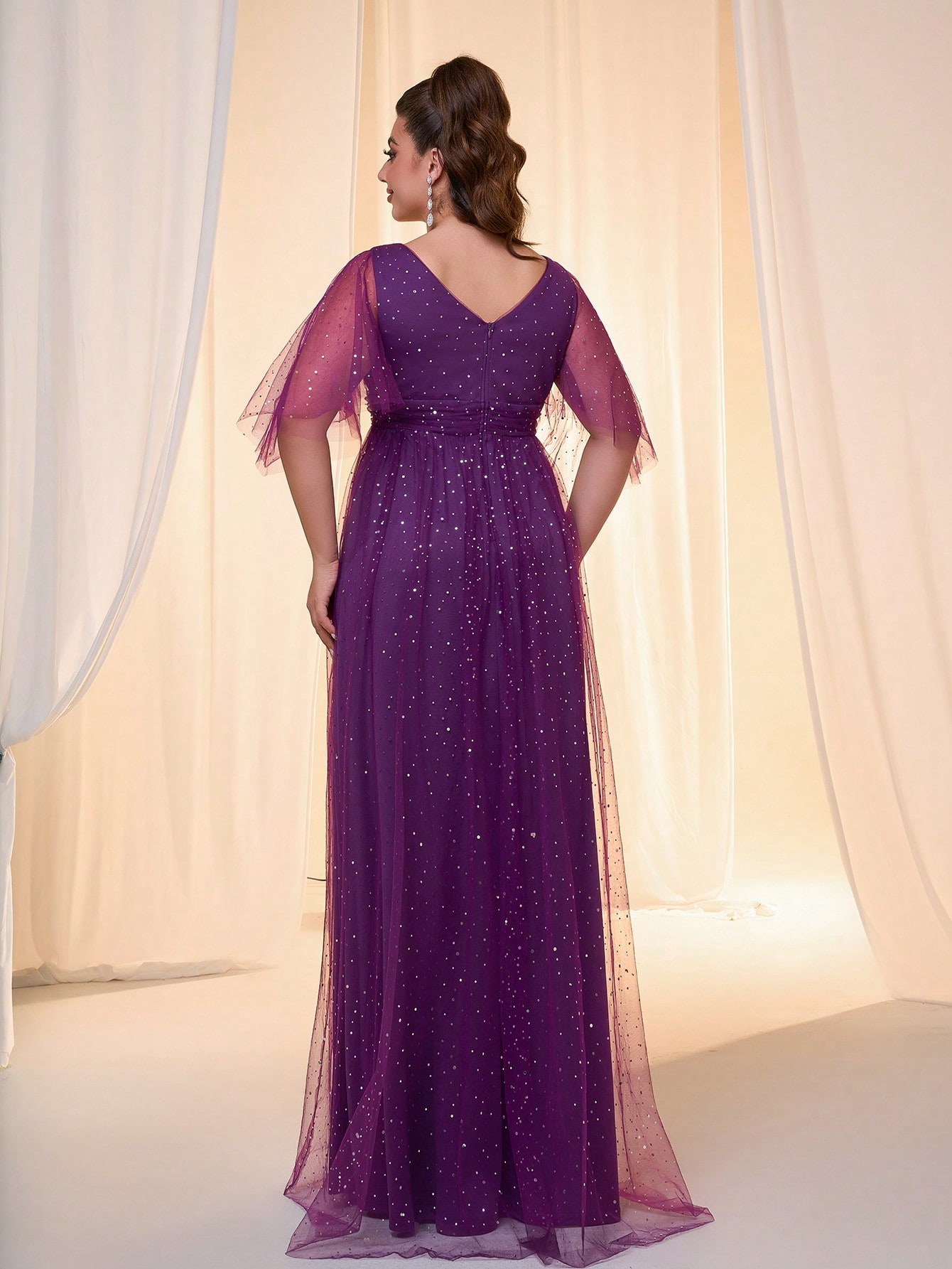 Leely Plus Women's Elegant V Neck Flounce Sleeve Party Dress