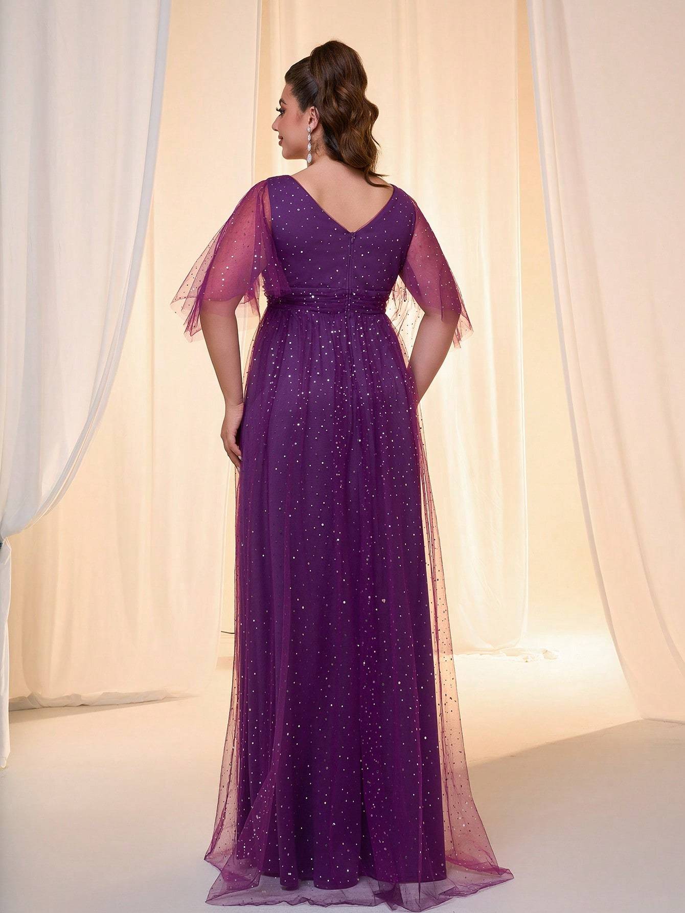 Leely Plus Women's Elegant V Neck Flounce Sleeve Party Dress