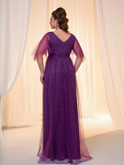 Leely Plus Women's Elegant V Neck Flounce Sleeve Party Dress