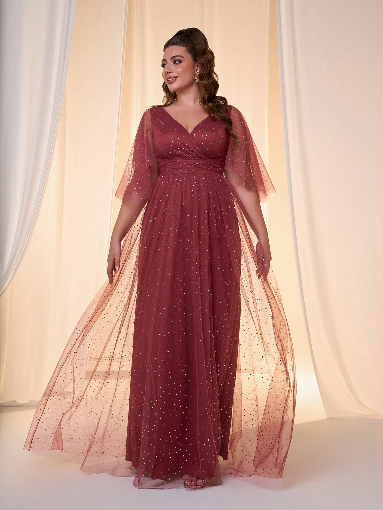 Leely Plus Women's Elegant V Neck Flounce Sleeve Party Dress