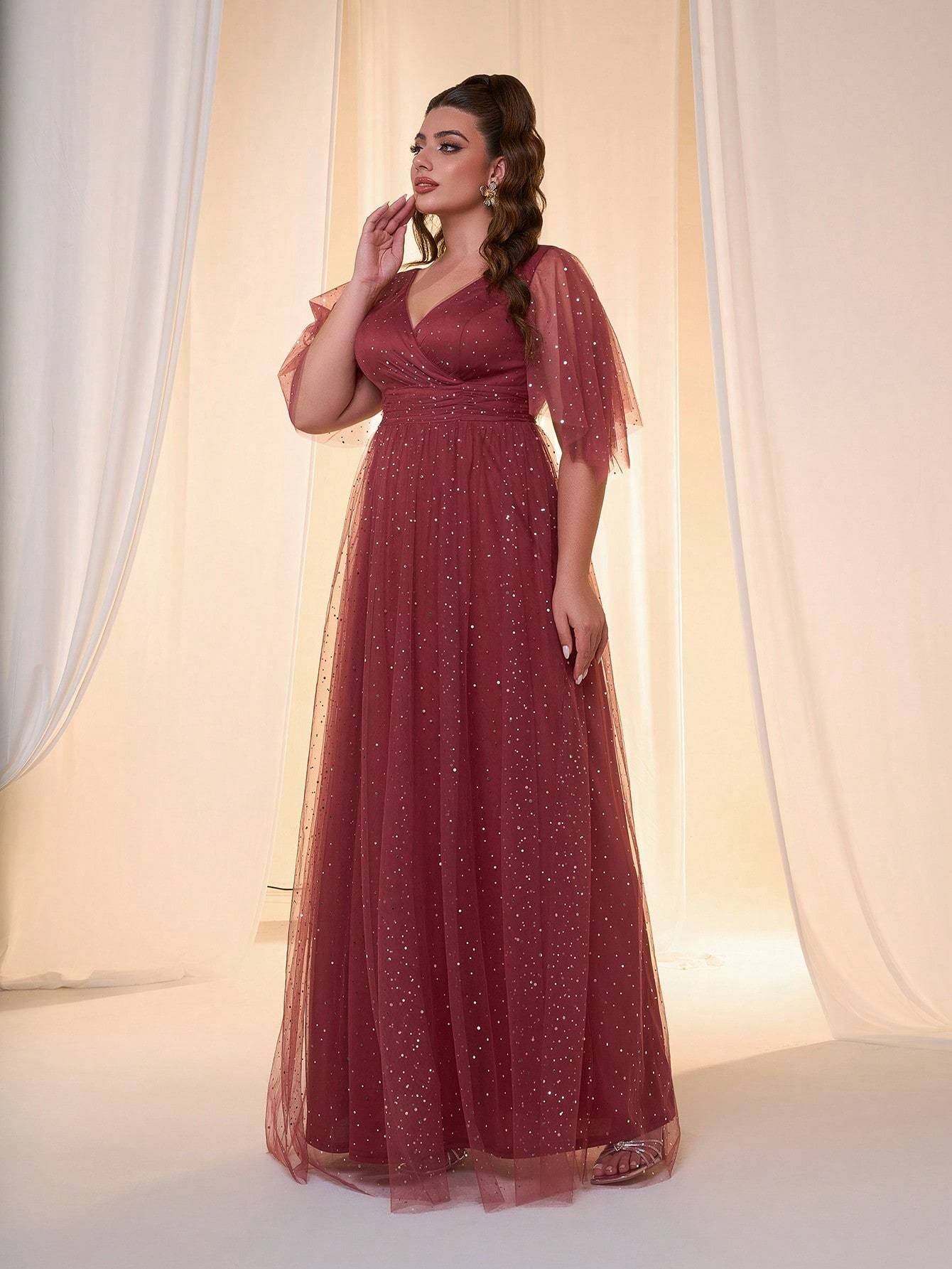 Leely Plus Women's Elegant V Neck Flounce Sleeve Party Dress