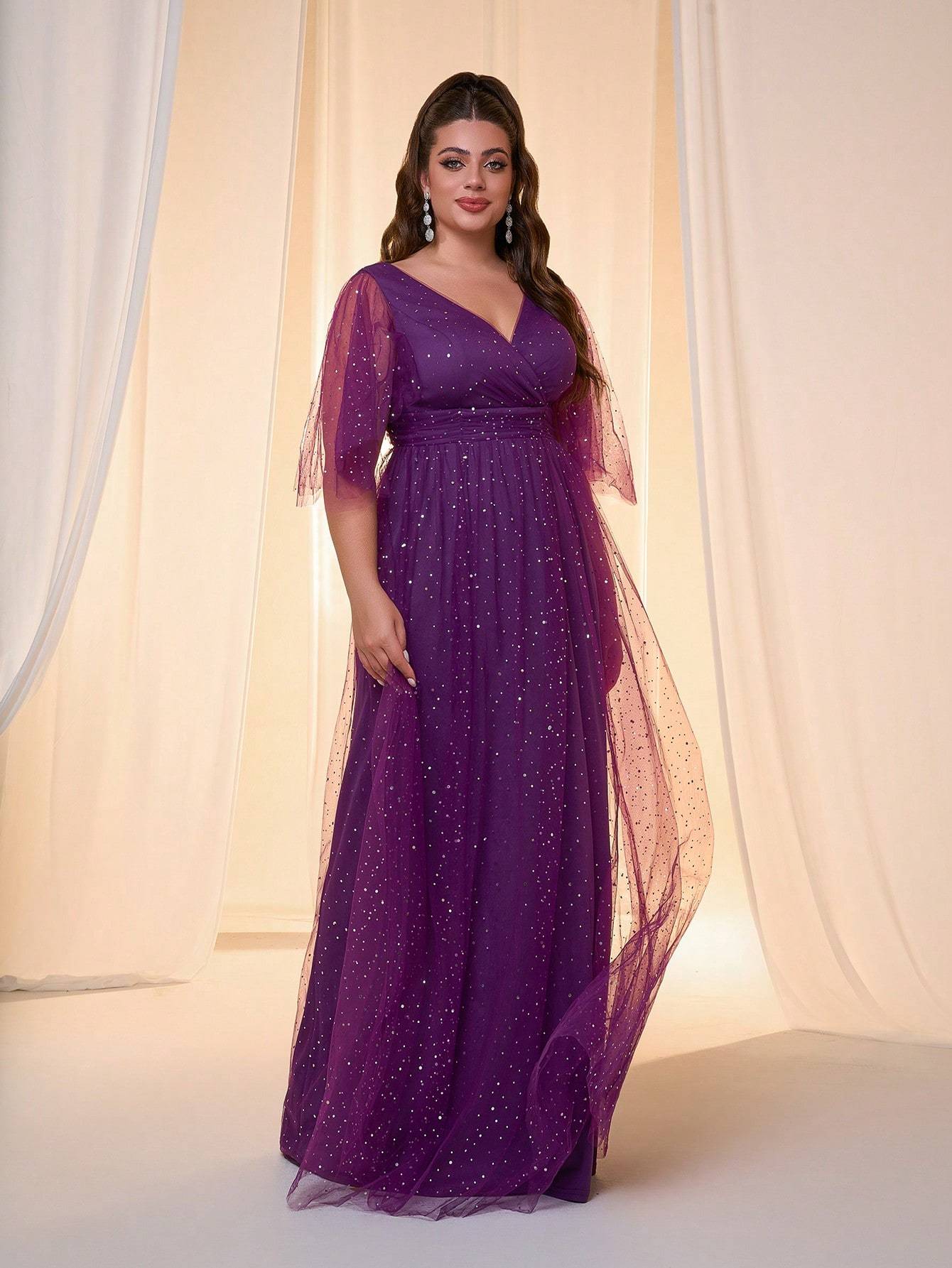 Leely Plus Women's Elegant V Neck Flounce Sleeve Party Dress