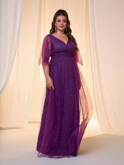 Leely Plus Women's Elegant V Neck Flounce Sleeve Party Dress