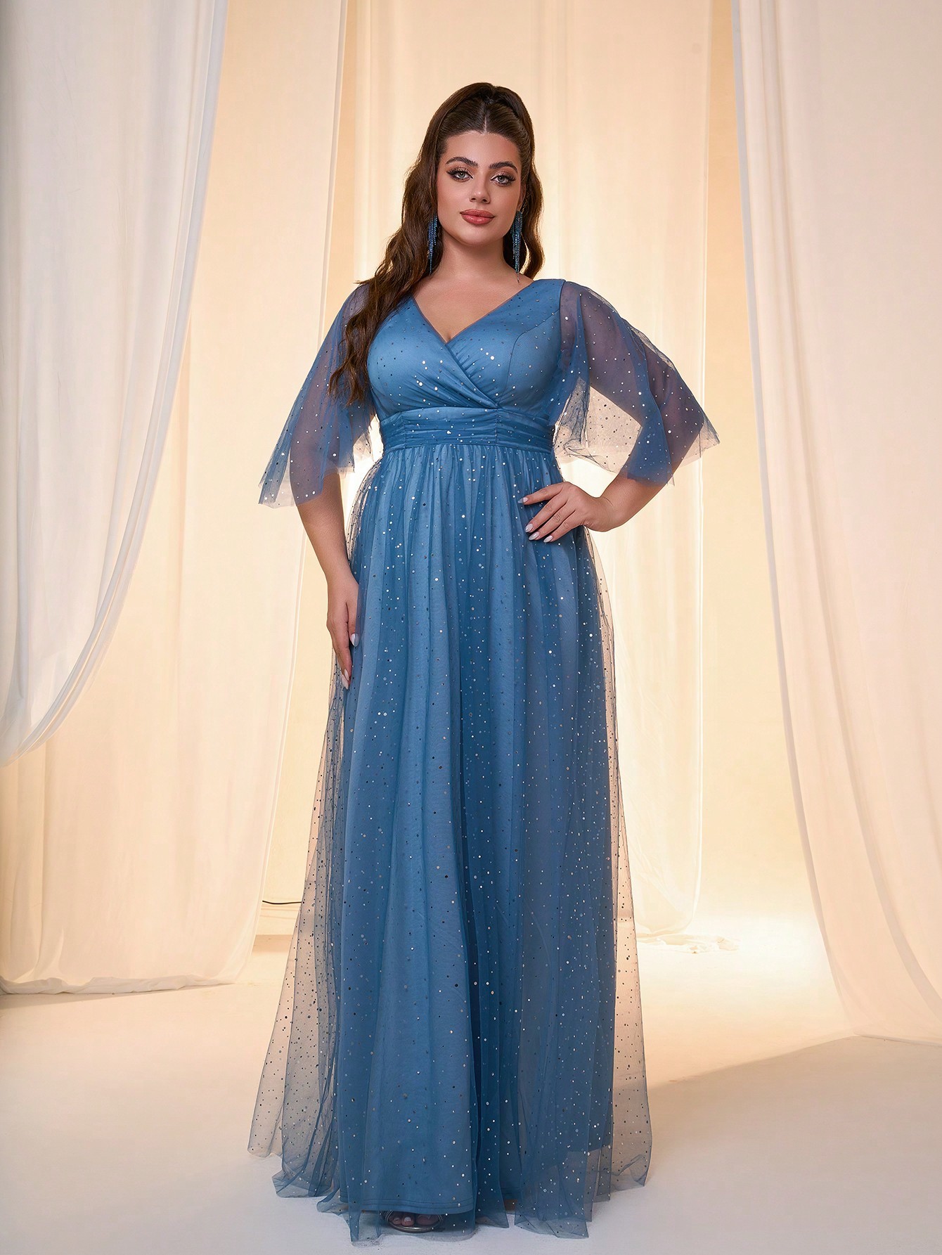 Leely Plus Women's Elegant V Neck Flounce Sleeve Tulle A-Line Dress