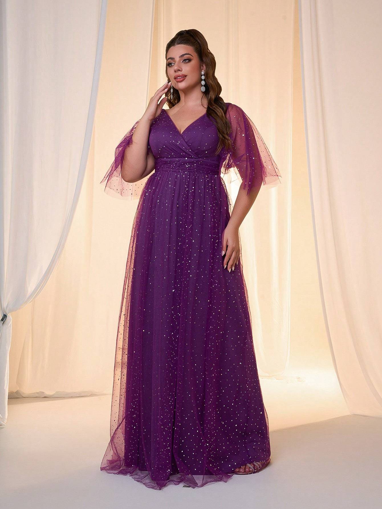 Leely Plus Women's Elegant V Neck Flounce Sleeve Party Dress