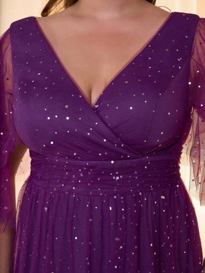 Leely Plus Women's Elegant V Neck Flounce Sleeve Party Dress