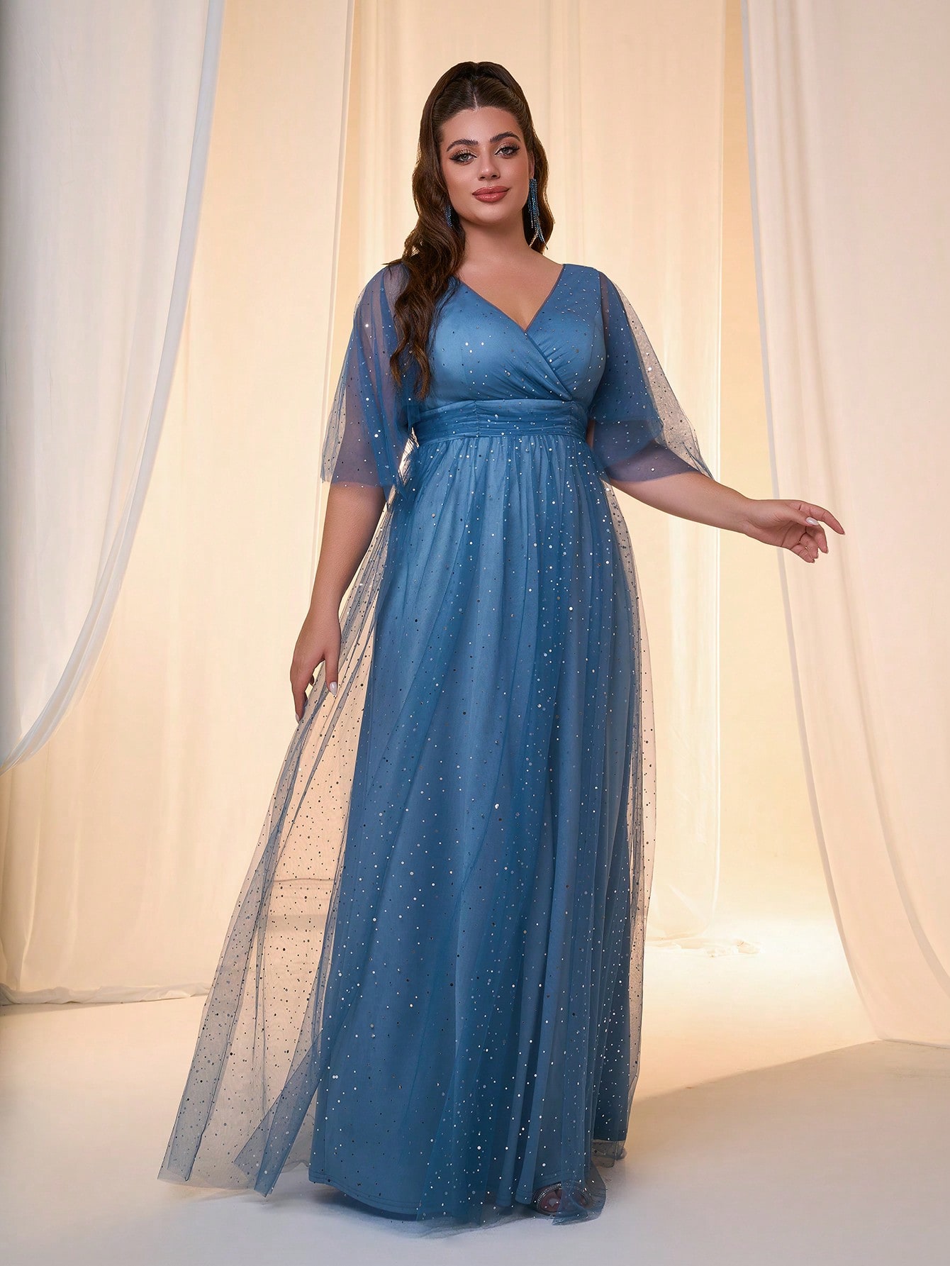 Leely Plus Women's Elegant V Neck Flounce Sleeve Tulle A-Line Dress