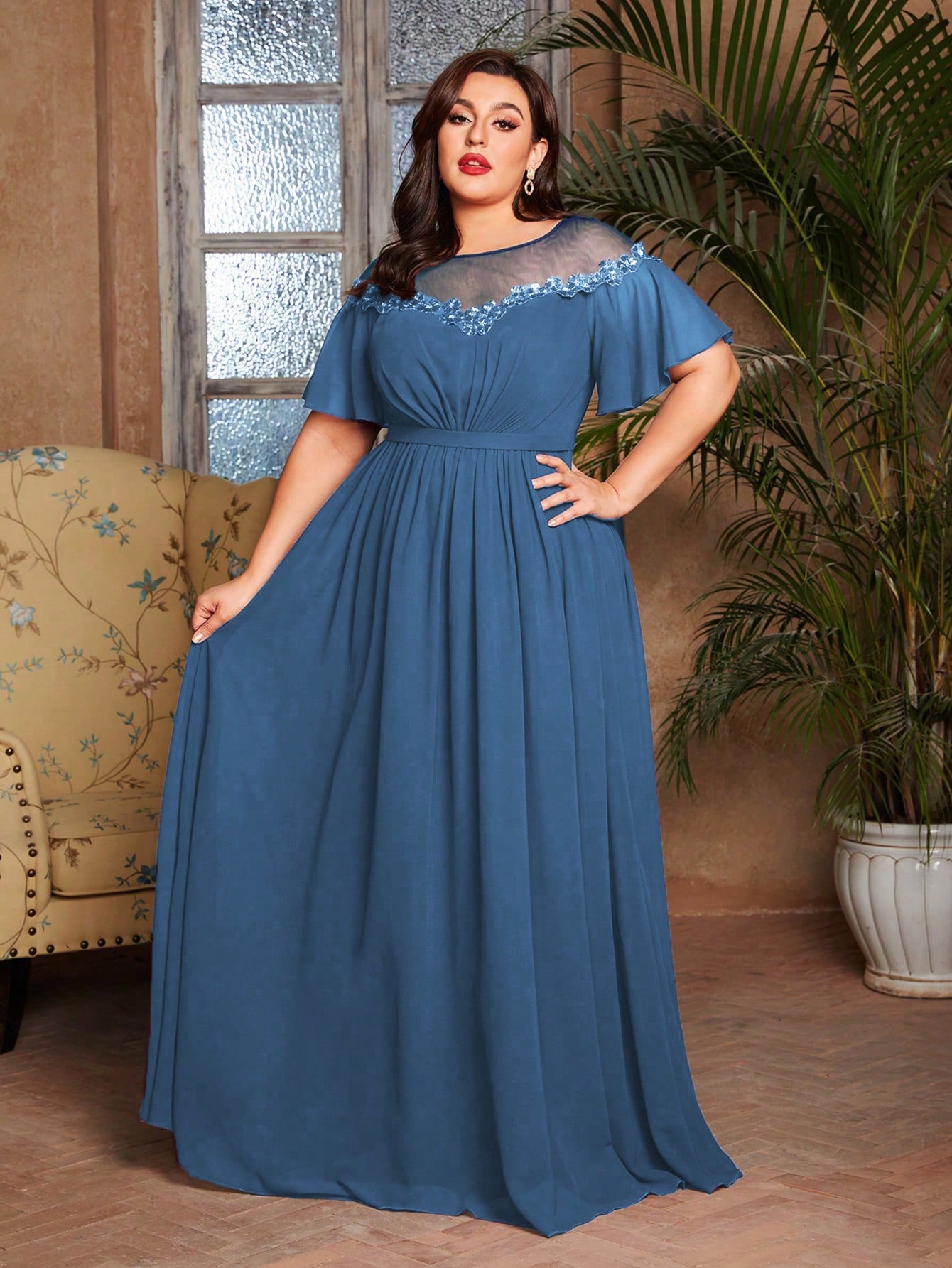 Leely Plus Women's Elegant Round Neck Flounce Sleeve Chiffon Evening Gown