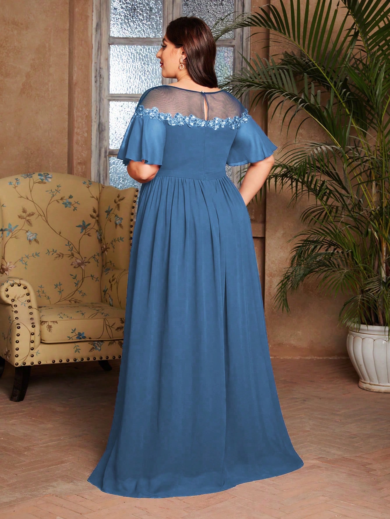 Leely Plus Women's Elegant Round Neck Flounce Sleeve Chiffon Evening Gown