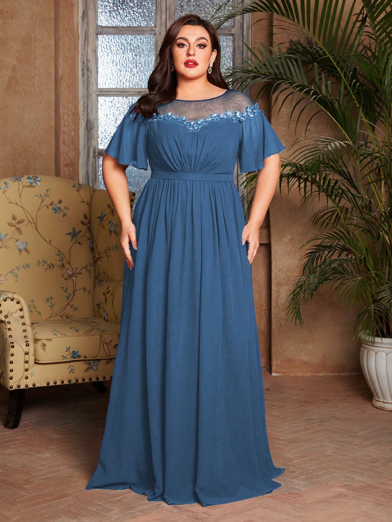 Leely Plus Women's Elegant Round Neck Flounce Sleeve Chiffon Evening Gown