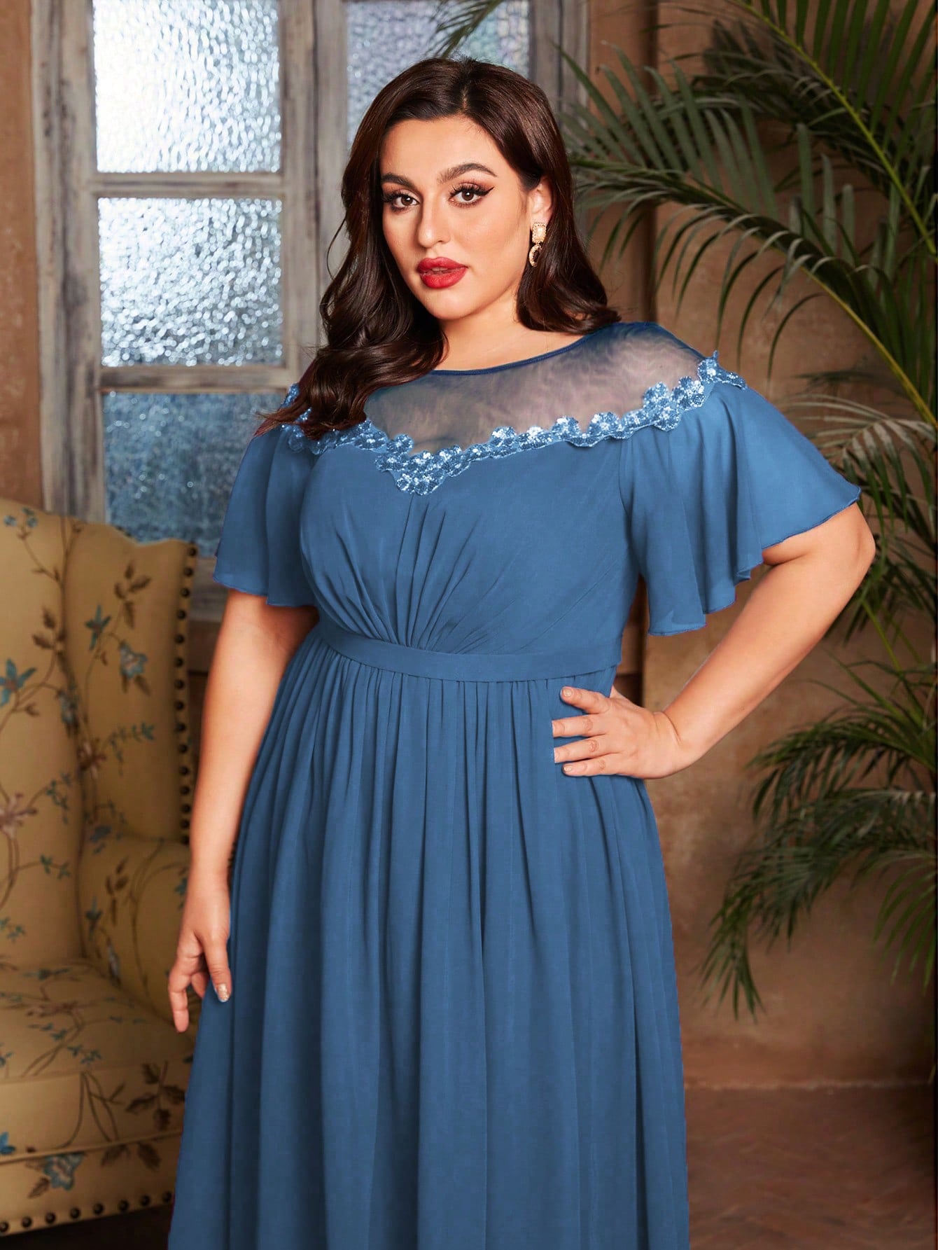 Leely Plus Women's Elegant Round Neck Flounce Sleeve Chiffon Evening Gown