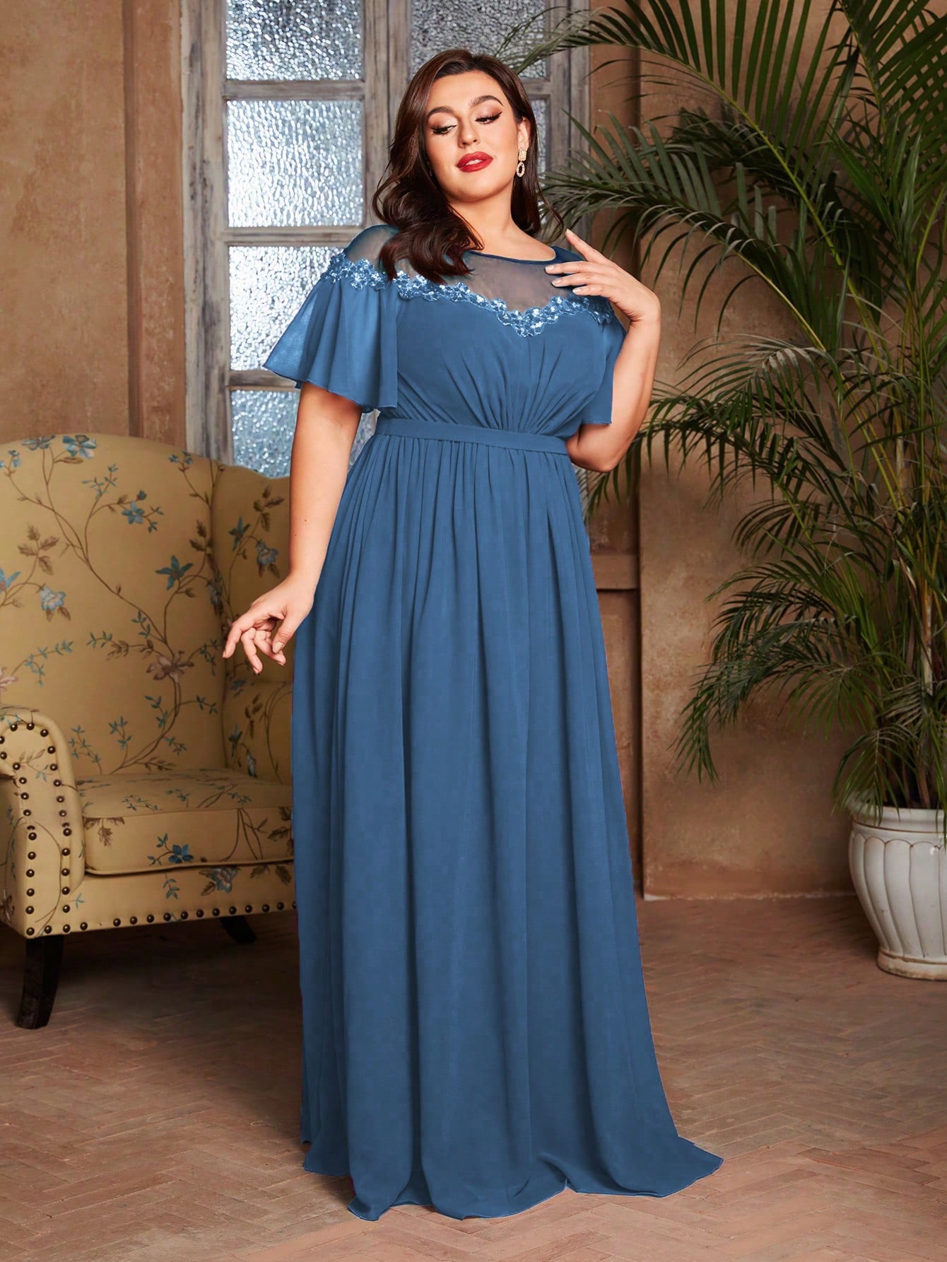 Leely Plus Women's Elegant Round Neck Flounce Sleeve Chiffon Evening Gown