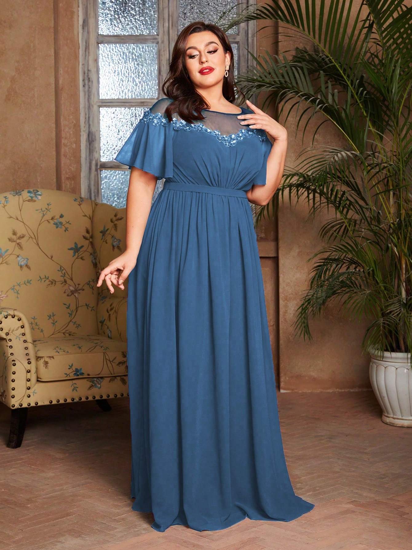 Leely Plus Women's Elegant Round Neck Flounce Sleeve Chiffon Evening Gown