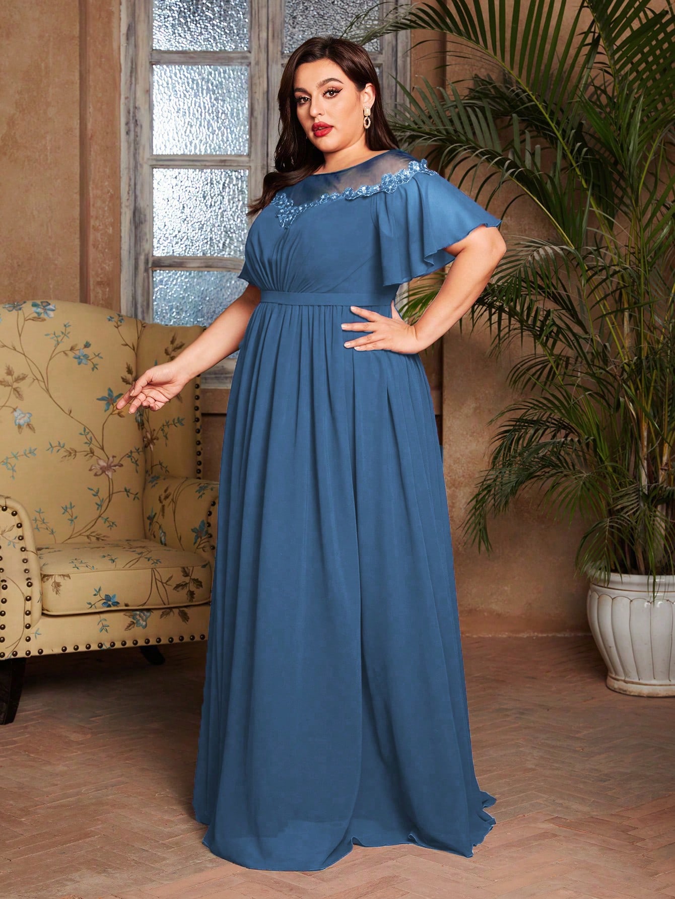 Leely Plus Women's Elegant Round Neck Flounce Sleeve Chiffon Evening Gown