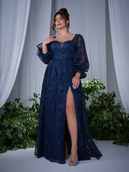 Leely Plus Women's Elegant Sweetheart Long Sleeve Lace A-Line Dress