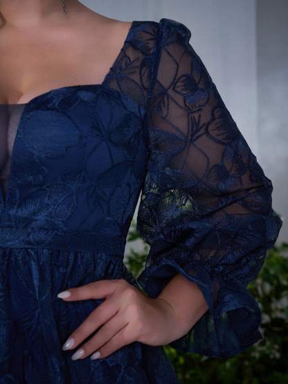 Leely Plus Women's Elegant Sweetheart Long Sleeve Lace A-Line Dress