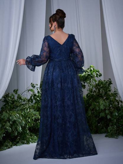 Leely Plus Women's Elegant Sweetheart Long Sleeve Lace A-Line Dress