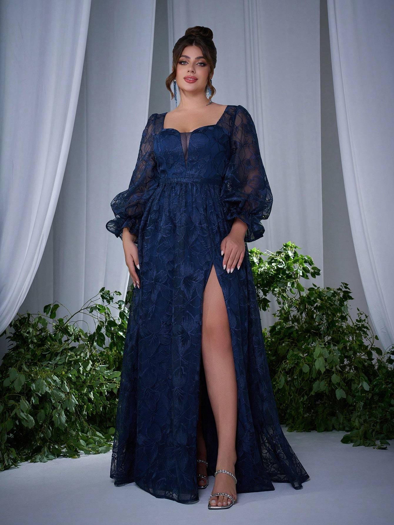 Leely Plus Women's Elegant Sweetheart Long Sleeve Lace A-Line Dress
