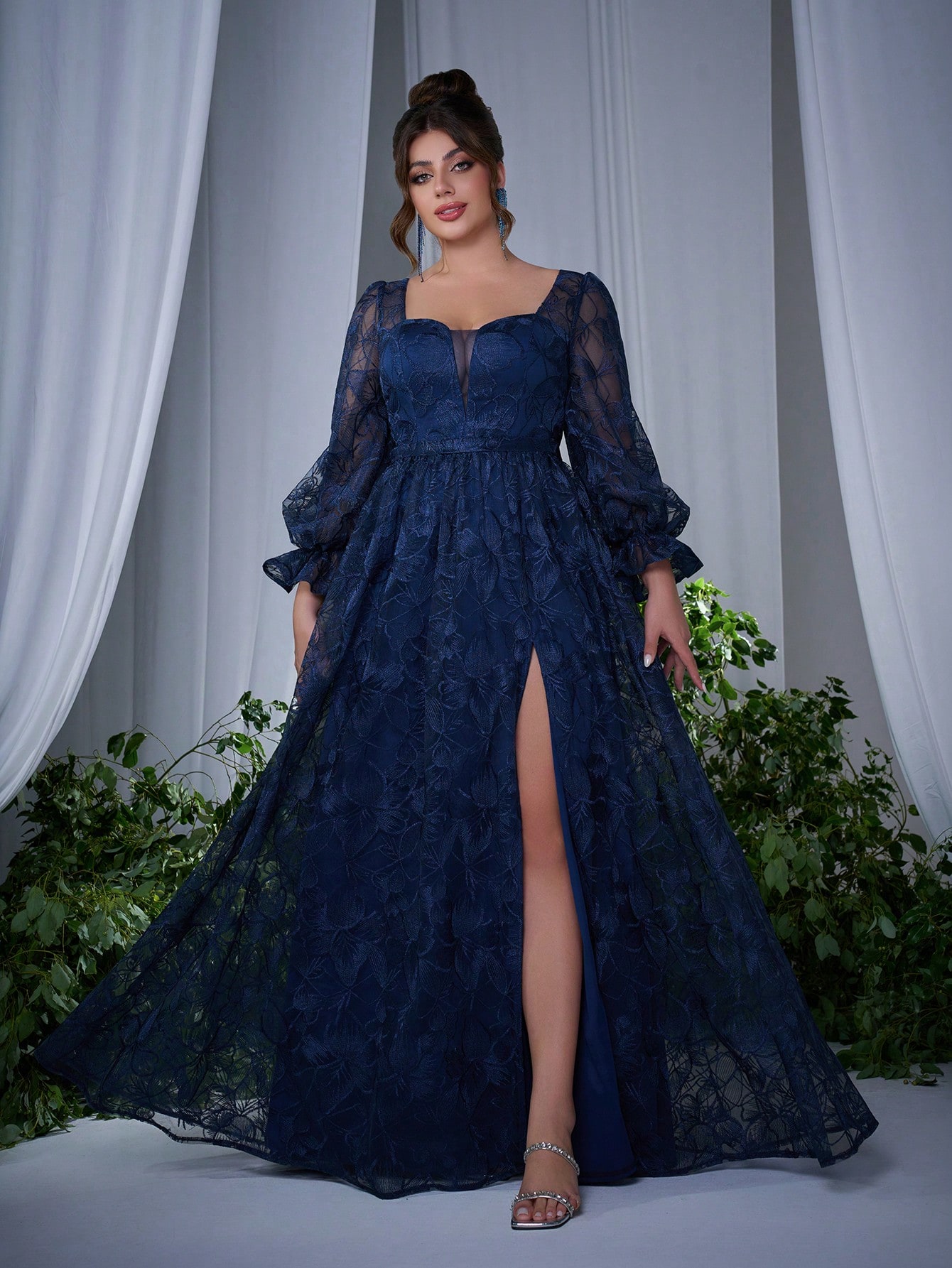 Leely Plus Women's Elegant Sweetheart Long Sleeve Lace A-Line Dress