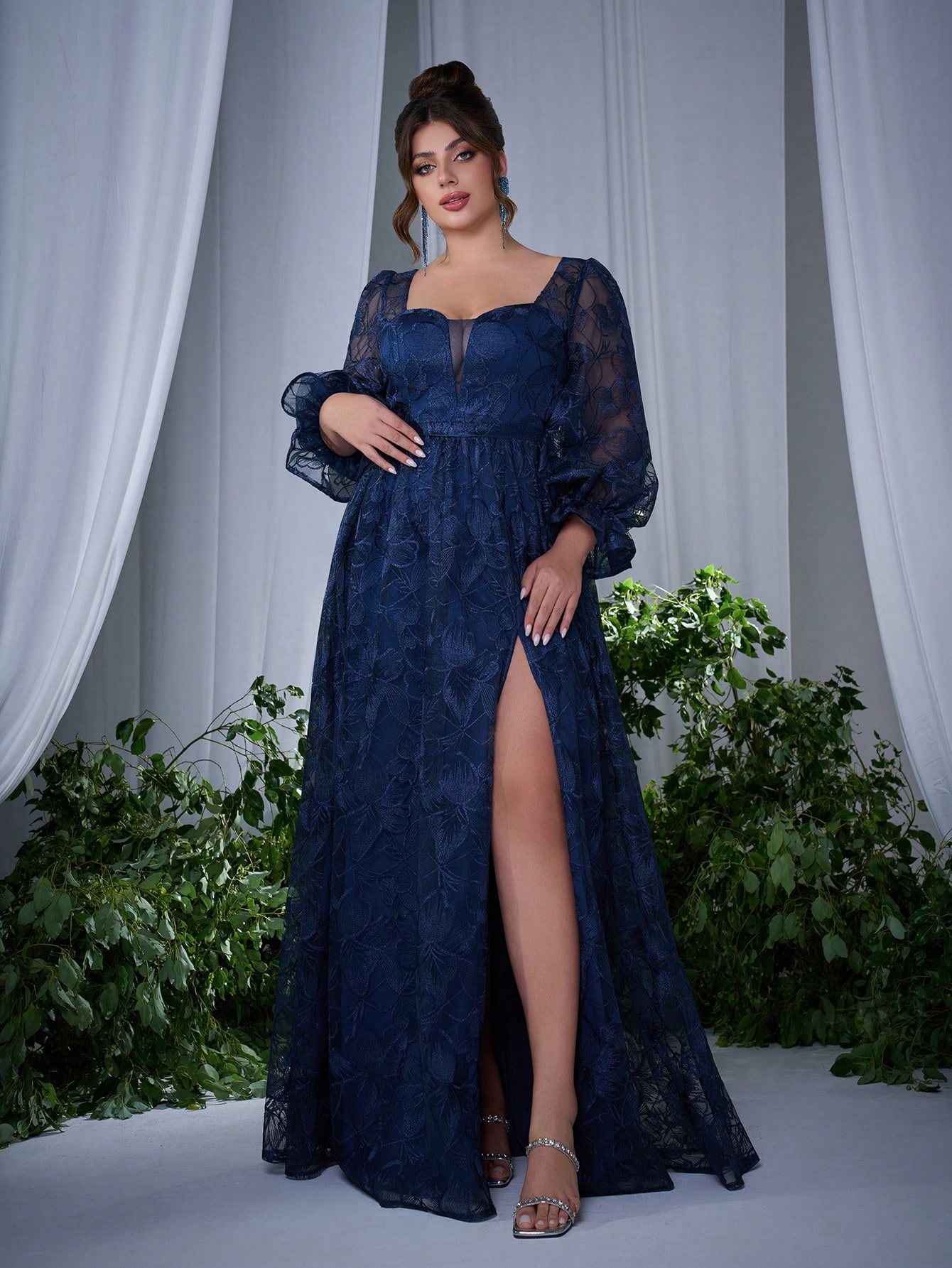 Leely Plus Women's Elegant Sweetheart Long Sleeve Lace A-Line Dress