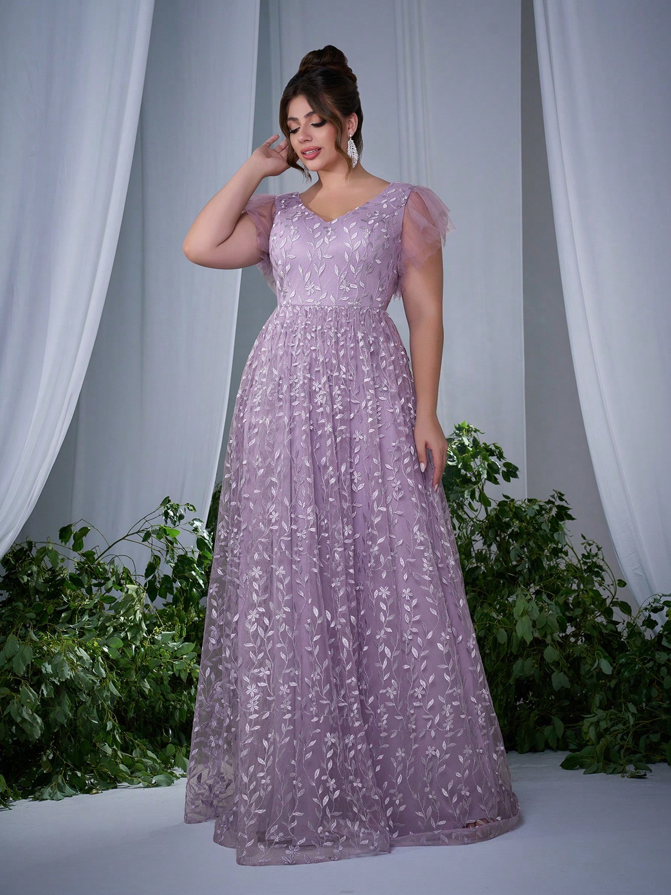 Leely Plus Women's Elegant V Neck Flounce Sleeve Party Dresses
