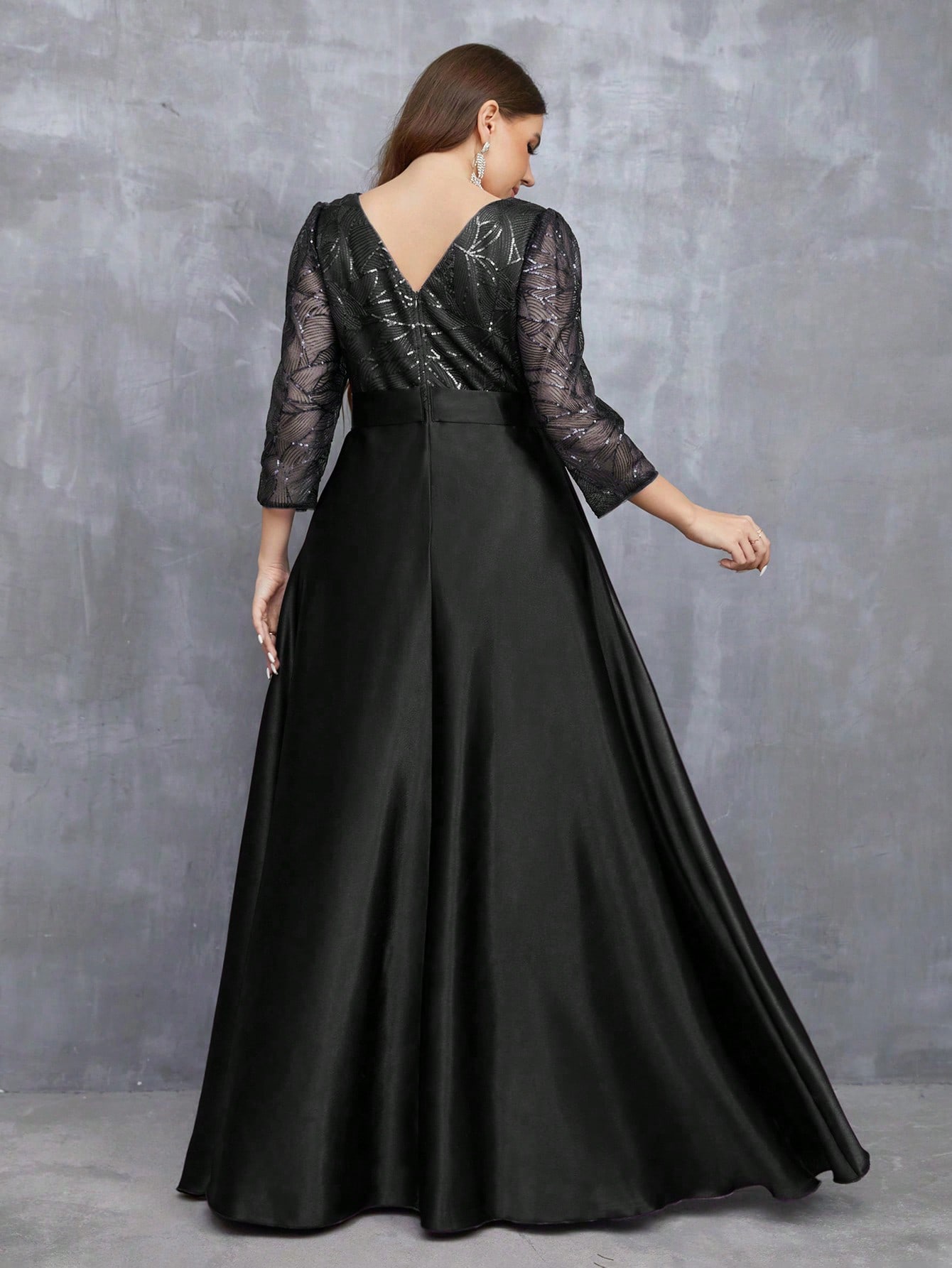 Leely Plus Women's Elegant Round Neck Three Quarter Length Sleeve Party Dresses