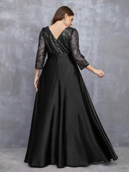 Leely Plus Women's Elegant Round Neck Three Quarter Length Sleeve Party Dresses