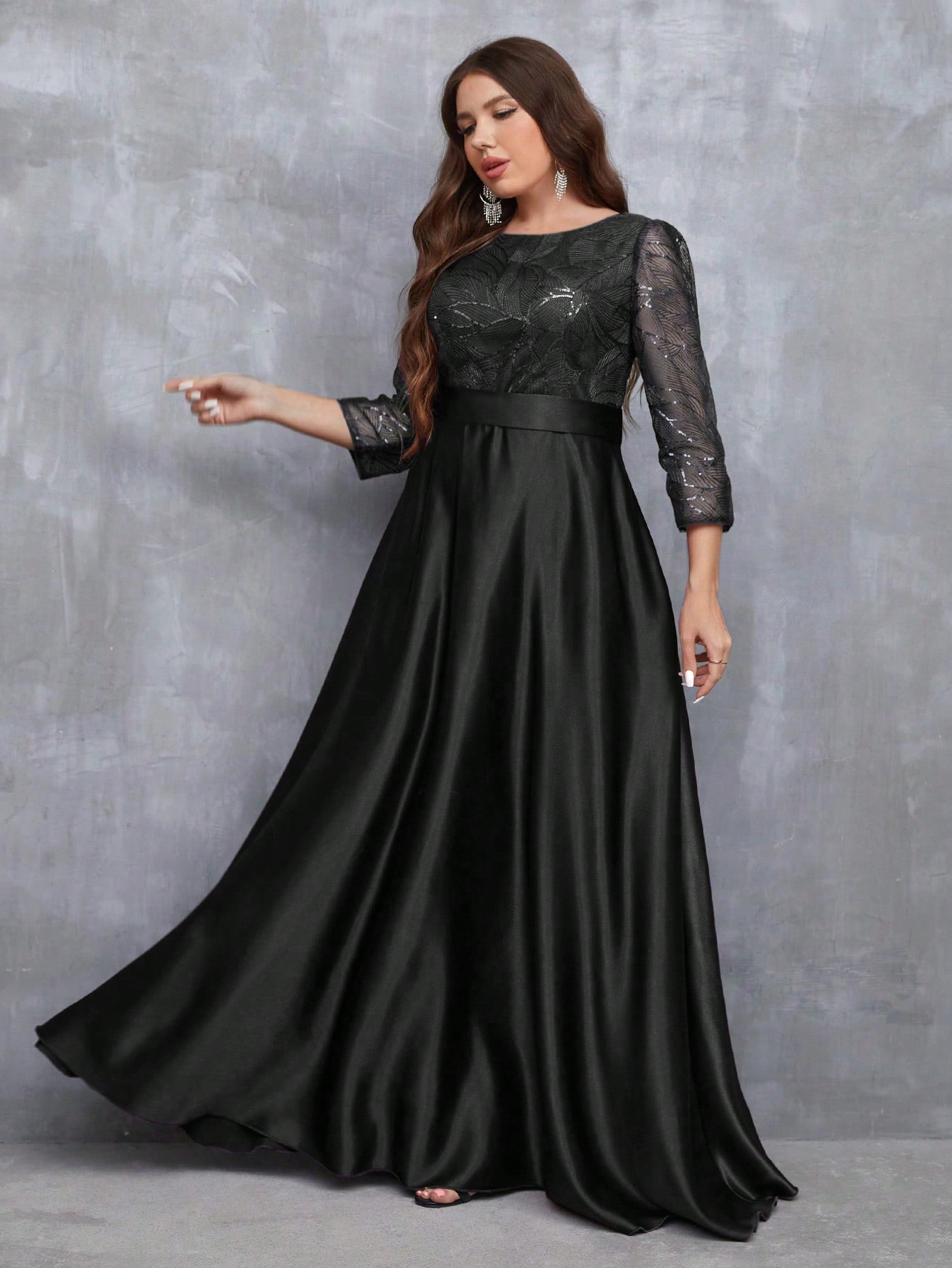 Leely Plus Women's Elegant Round Neck Three Quarter Length Sleeve Party Dresses