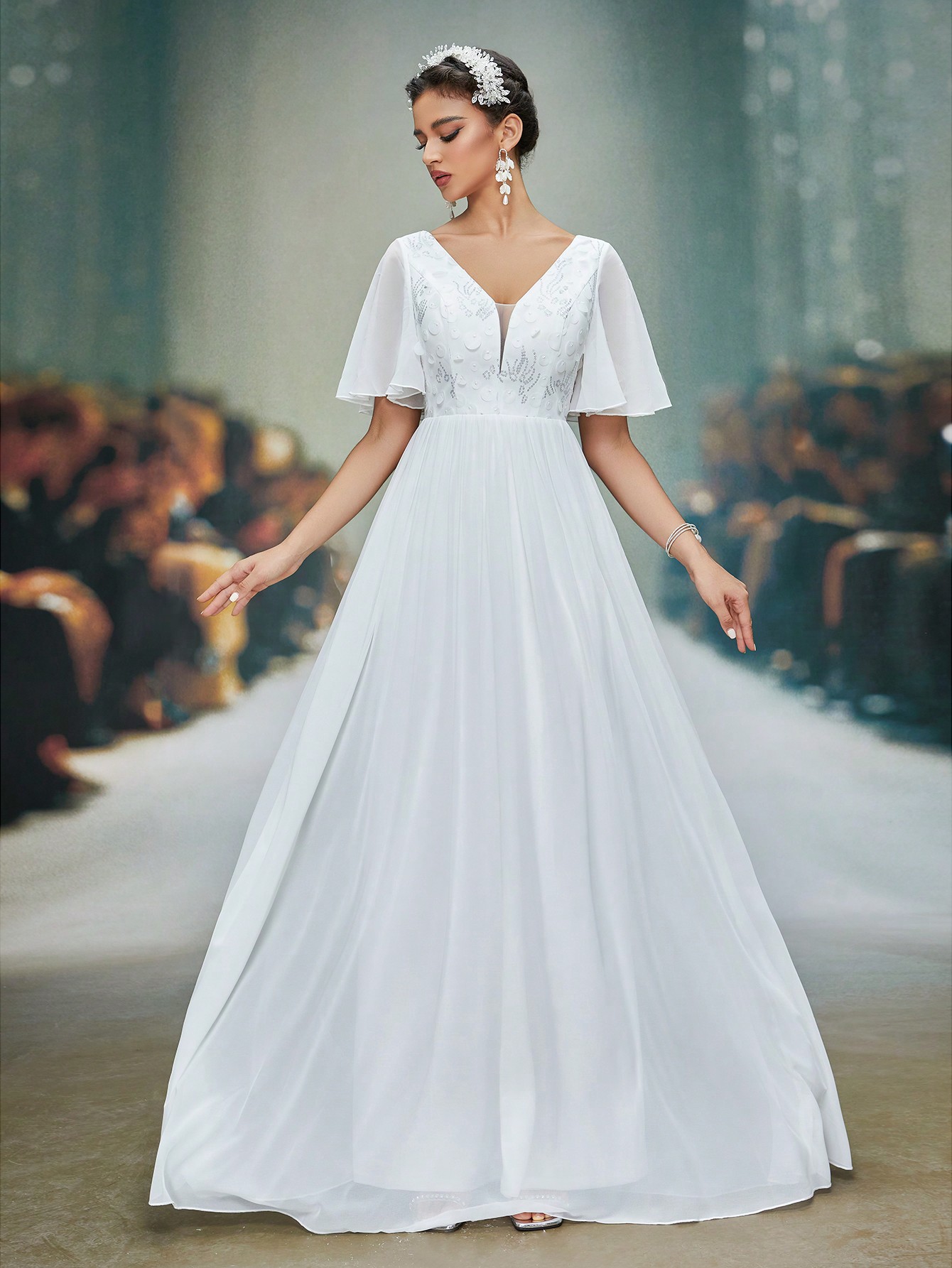 Leely Women's Elegant V Neck Flounce Sleeve Prom Dress