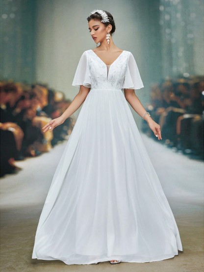 Leely Women's Elegant V Neck Flounce Sleeve Prom Dress